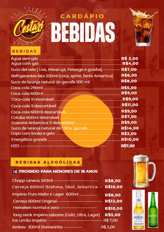 Cardápio de Bebidas — Refrigerantes, sucos, cervejas e chopp