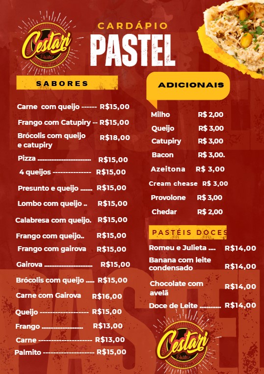 Cardápio de Pasteis — Sabores, adicionais e pastéis doces