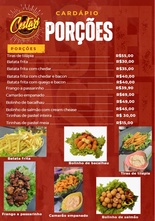 Cardápio de Porções — Tiras de tilápia, batata frita, camarão e mais